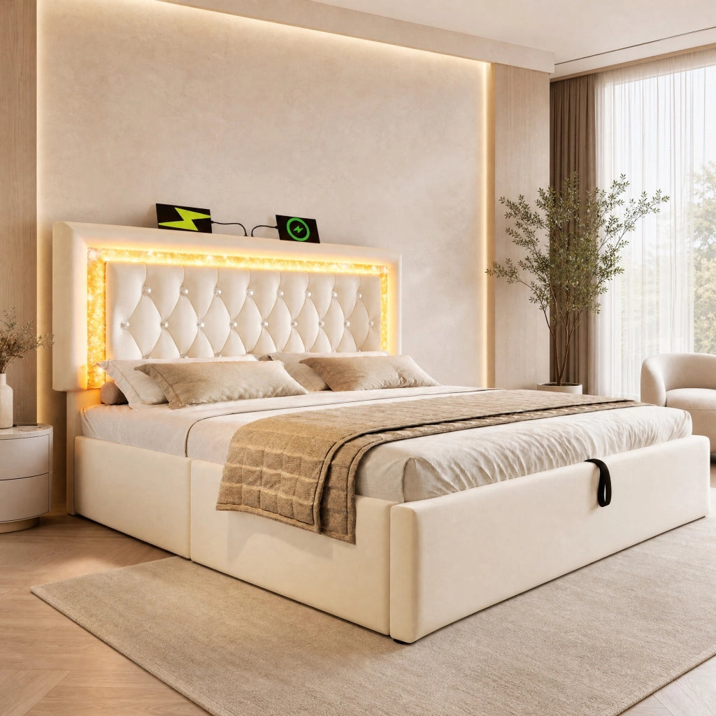 LETTO contenitore 160x200 cm in velluto beige con LED, USB e USB-C