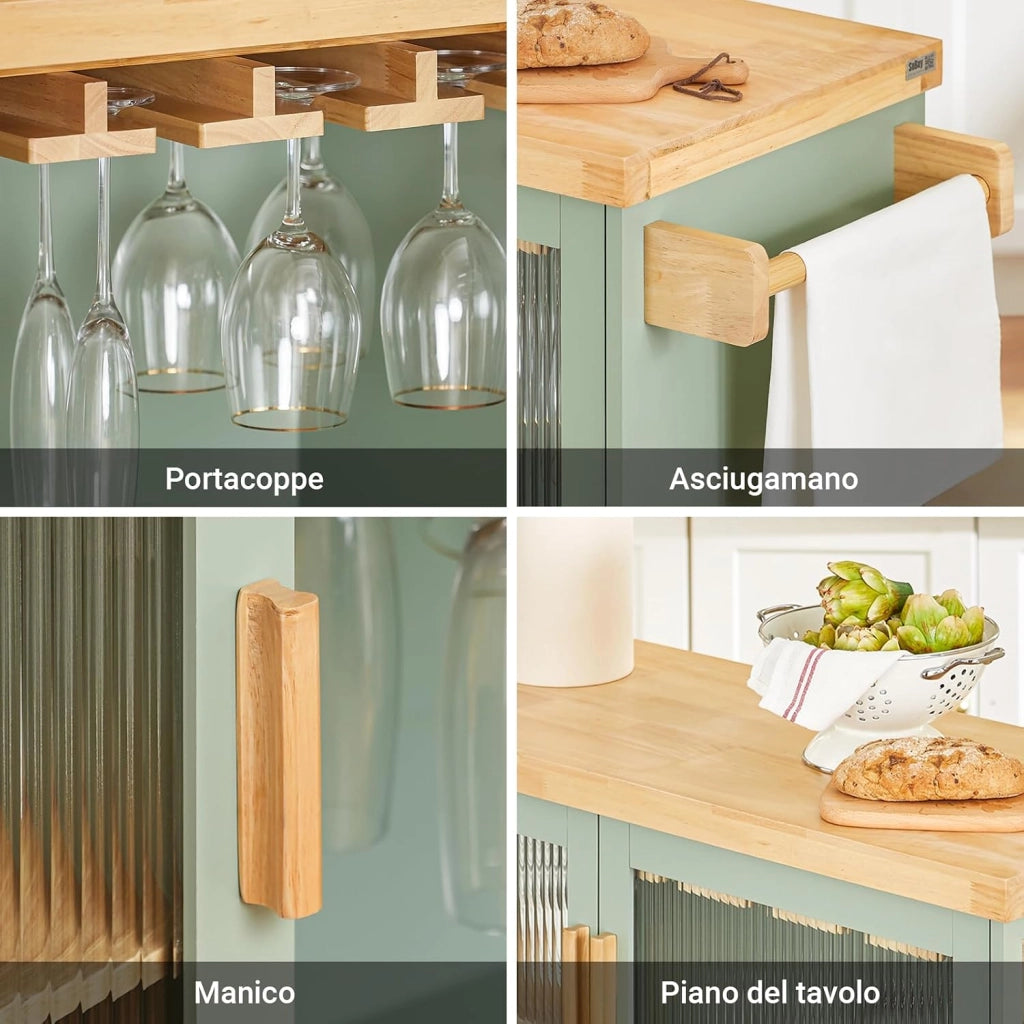 Carrello da Cucina con Ruote Isola Cucina con Piano di Lavoro in Legno Carrello Salvaspazio per Sala da Pranzo Verde e Naturale 109 × 40 × 92 cm FKW114-GR