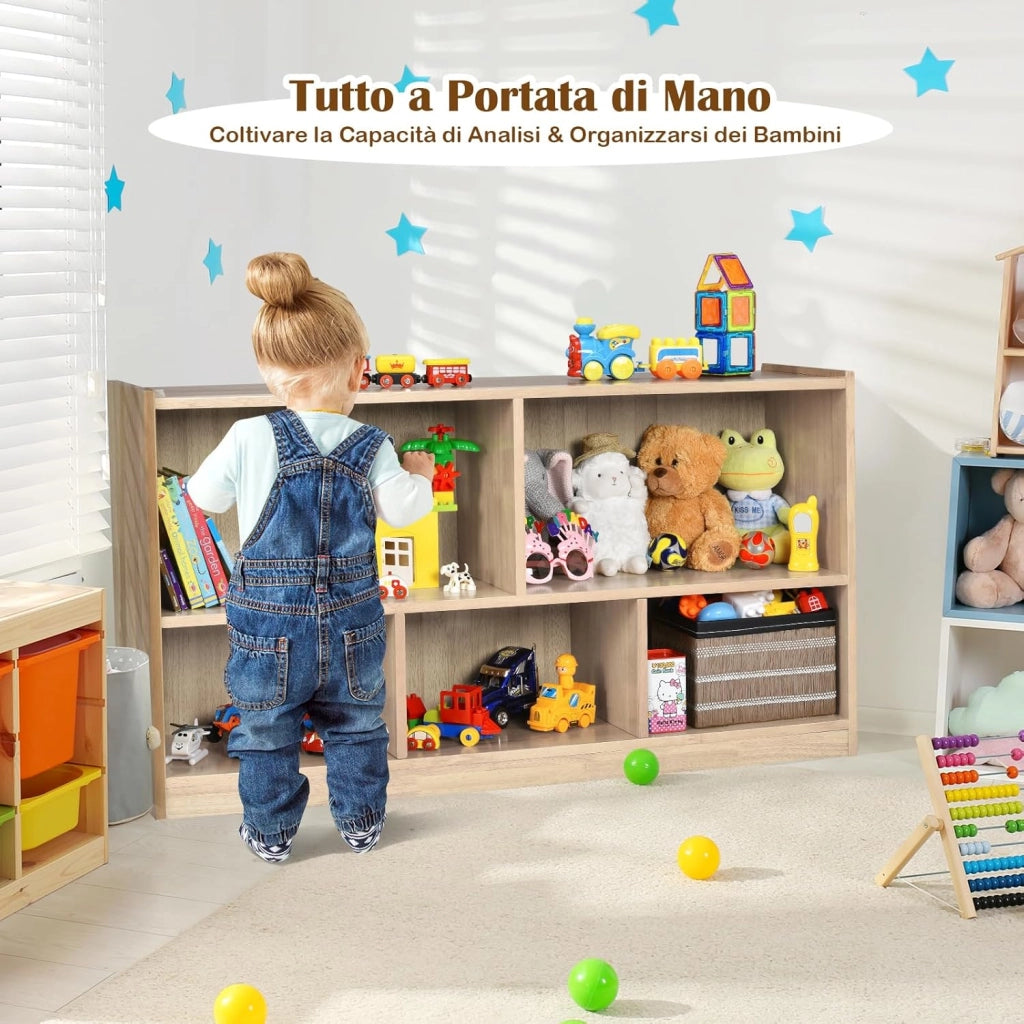 Libreria per Bambini e Organizer Giocattoli, Scaffale di Legno Con 5 Scompartimenti, Per Stanza dei Giochi Camera Dei Bambini Angolo di Lettura Classe Scuola Materna (Naturale)