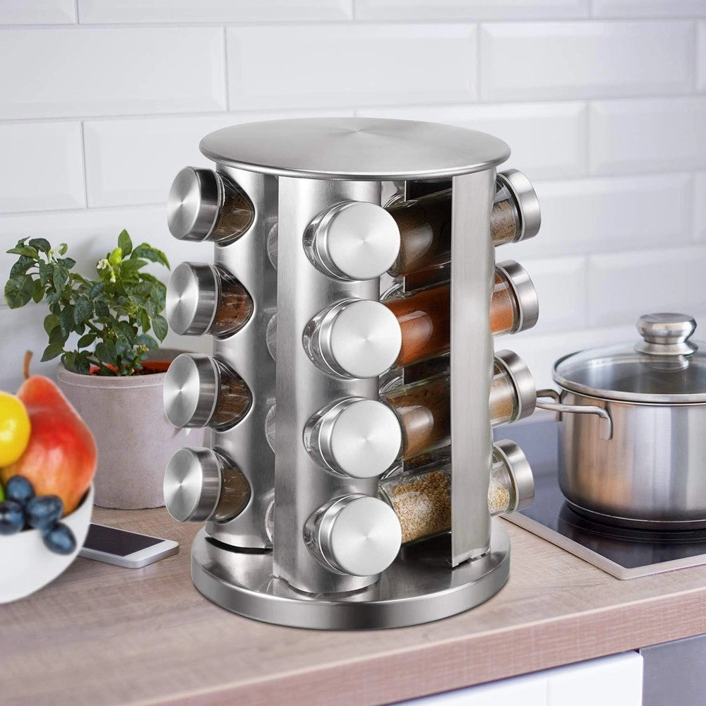 Trade Shop - Porta Spezie Girevole A 360° In Acciaio Con 16 Barattoli In Vetro Design Compatto Moderno -