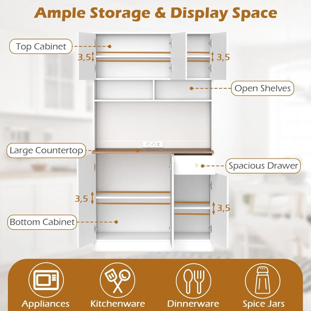 Armadio Alto da Cucina con Prese Elettriche, Supporto per Forno a Microonde e Ripiani Regolabili, Armadio Buffet Autoportante con Ante e Cassetto, Bianco (Bianco)