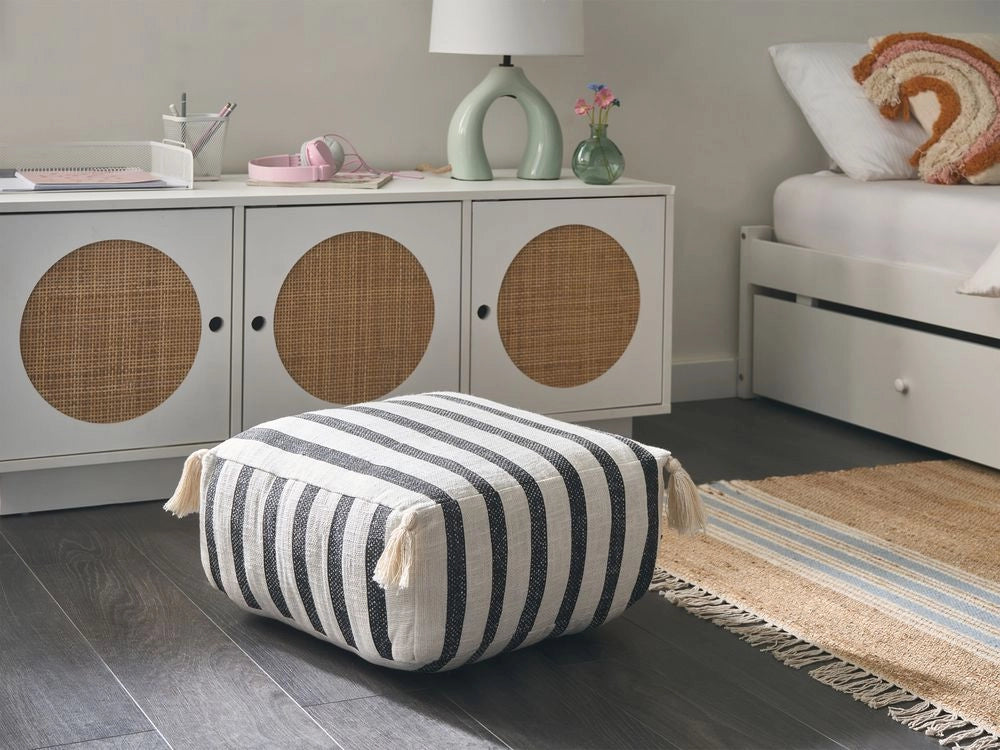 Cuscino da terra in cotone bianco e nero 45 x 45 x 20 cm con motivo a righe in tessuto quadrato Pouf da seduta