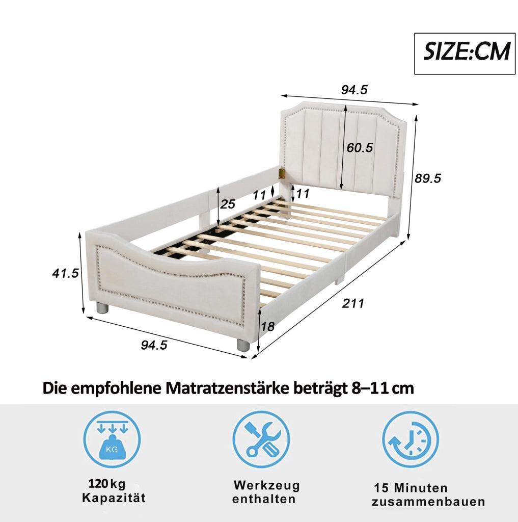 Letto imbottito ULEVR 211x94,5x41,5 cm con schienale, braccioli e 12 doghe, beige