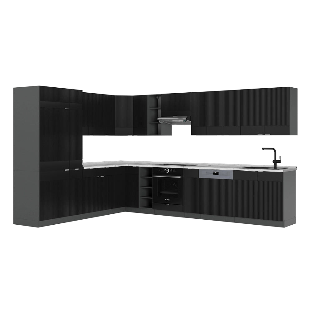Cucina angolare completa Fame-Line Nero rigato/Antracite 347 x 60 cm, PL Marmo Vicco