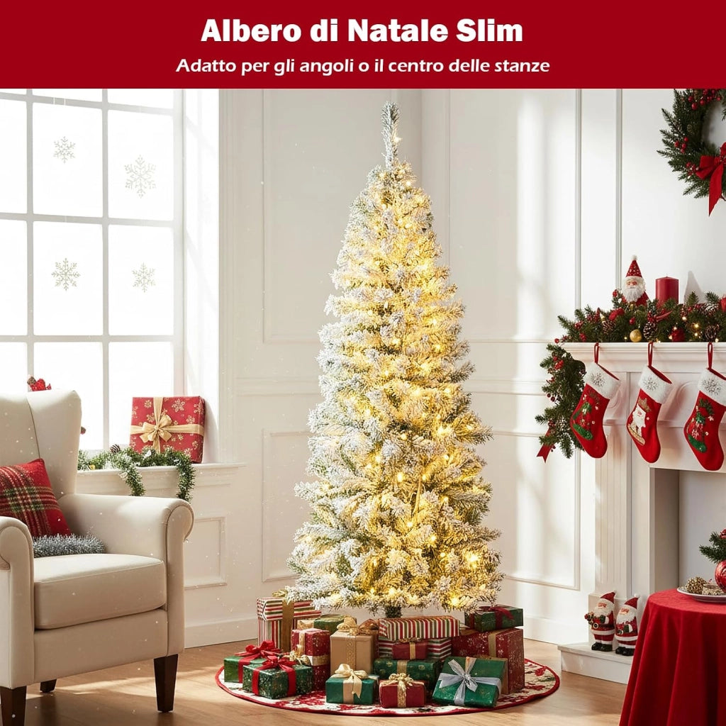 Albero di Natale Slim 150cm, Albero di Natale Innevato con 180 Luci LED, 8 Modalità, 329 Rami in PVC e Base in Metallo Pieghevole, Decorazione Natalizia per Casa e Ufficio (150 cm)
