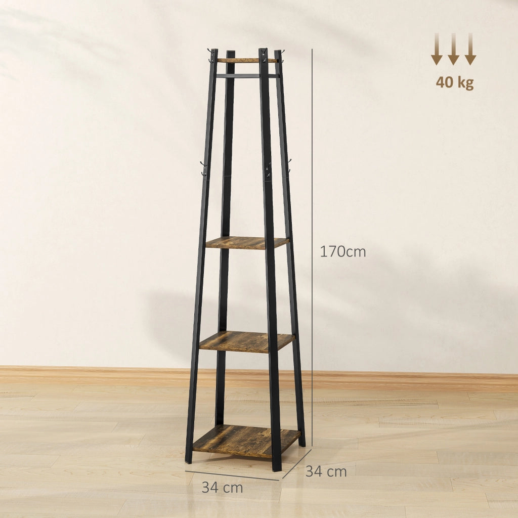 Appendiabiti da Terra 34x34x170 cm con 8 Ganci e 4 Ripiani in MDF Marrone
