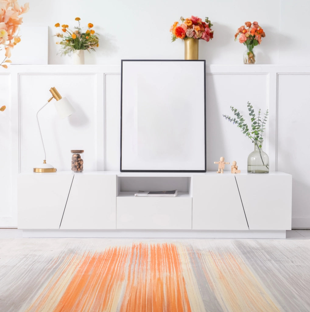 Mobile TV moderno in MDF bianco con design a patchwork diagonale, 170x42x37 cm