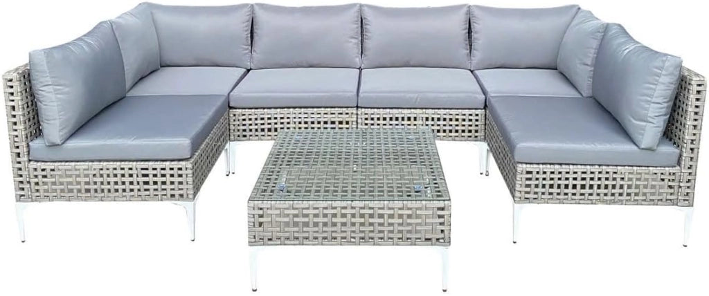 Set di Mobili da Giardino in Rattan 7 Pezzi, 4 Divani, 2 Divani ad Angolo, Tavolo in Vetro Temperato, Cuscini Rimovibili, Struttura in Metallo, Set di Mobili da Esterno per Giardino, Terrazza