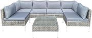 Set di Mobili da Giardino in Rattan 7 Pezzi, 4 Divani, 2 Divani ad Angolo, Tavolo in Vetro Temperato, Cuscini Rimovibili, Struttura in Metallo, Set di Mobili da Esterno per Giardino, Terrazza
