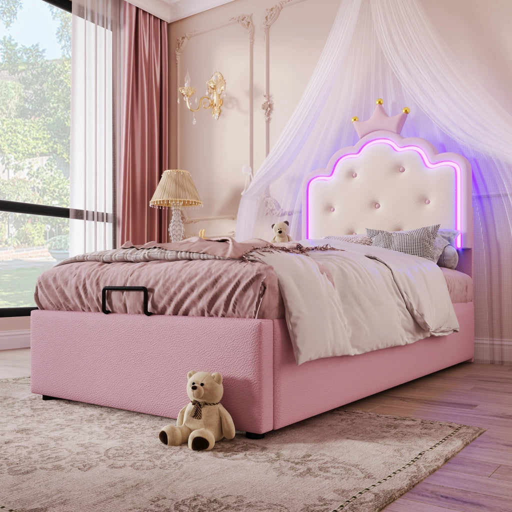 LETTO Contenitore 90x200 cm PU Rosa con luce LED