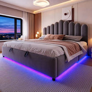 Letto imbottito 180x200 cm con contenitore idraulico, testiera imbottita, luce LED e struttura a doghe, colore grigio