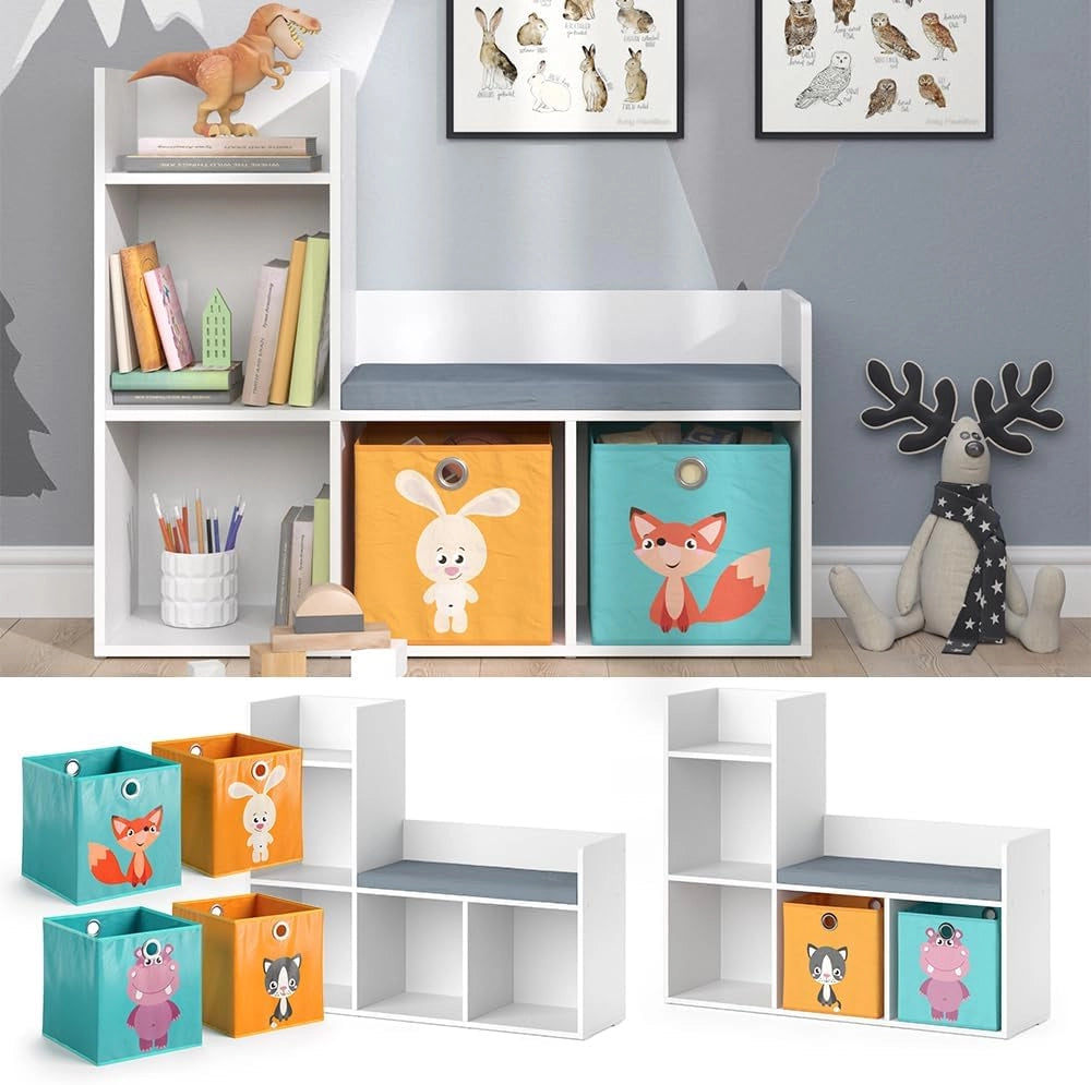 Scaffale per bambini Luigi, Bianco, 107.2 x 88.6 cm con 2 scatole pieghevoli opt.1, con seduta imbottita e quattro ripiani aperti