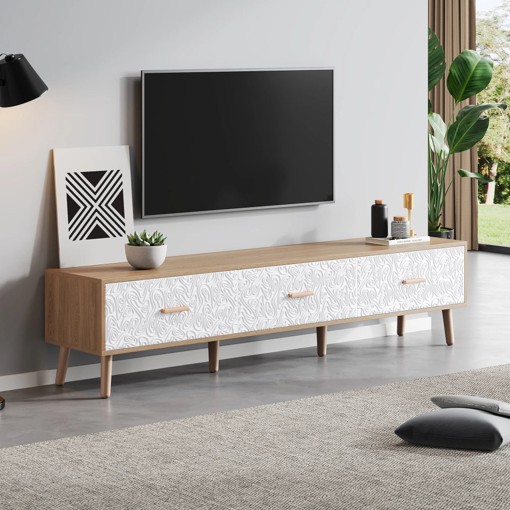 Cassettiera TV bianca e legno chiaro in truciolare lunghezza 150 cm