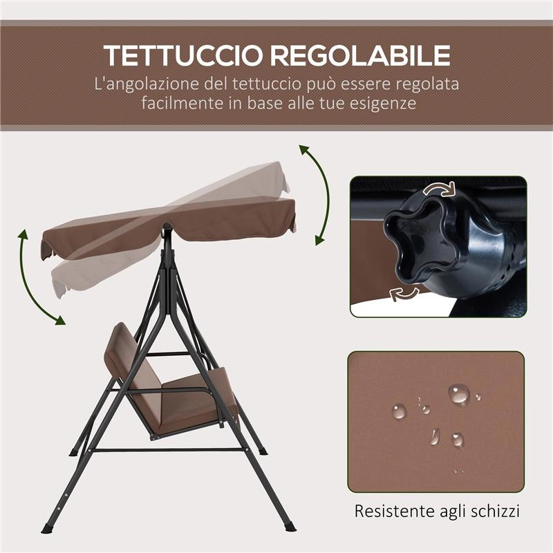 DONDOLO DA GIARDINO A 3 POSTI CON TETTUCCIO PARASOLE INCLINABILE E CUSCINI, 172X110X153 CM, MARRONE E NERO