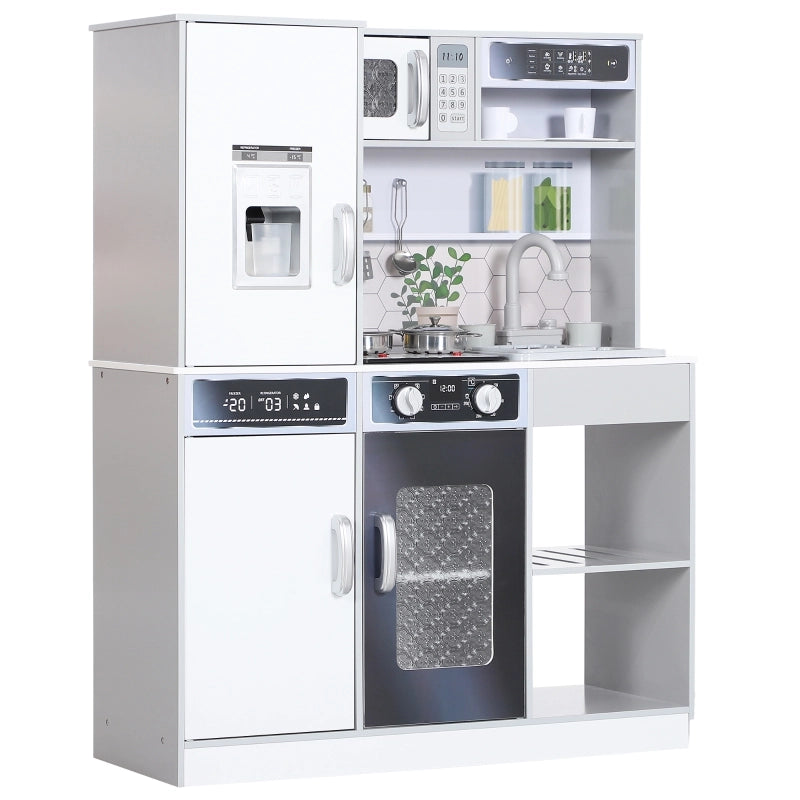 Cucina giocattolo interattiva in legno bianca con lavello, effetti luce e suono, accessori inclusi