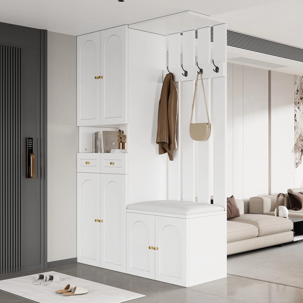 Set Ingresso con Scarpiera, Panca e Appendiabiti ¨C MINIMAL ¨C Bianco, 4 Ganci, 6 Ante, 2 Cassetti, 110x180x37 cm