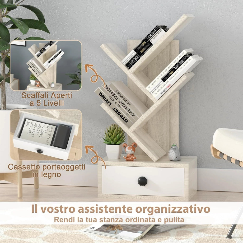 Libreria ad Albero a 5 Ripiani per Scrivania, Libreria Mini da Esposizione con Cassetto, Scaffale per Libri, 30 x 17,5 x 60 cm (Beige)