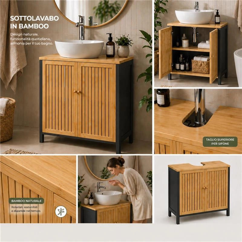 MOBILE SOTTOLAVABO IN LEGNO NERO CON 2 ANTE IN BAMBOO DIMENSIONI 60X30X70 CM