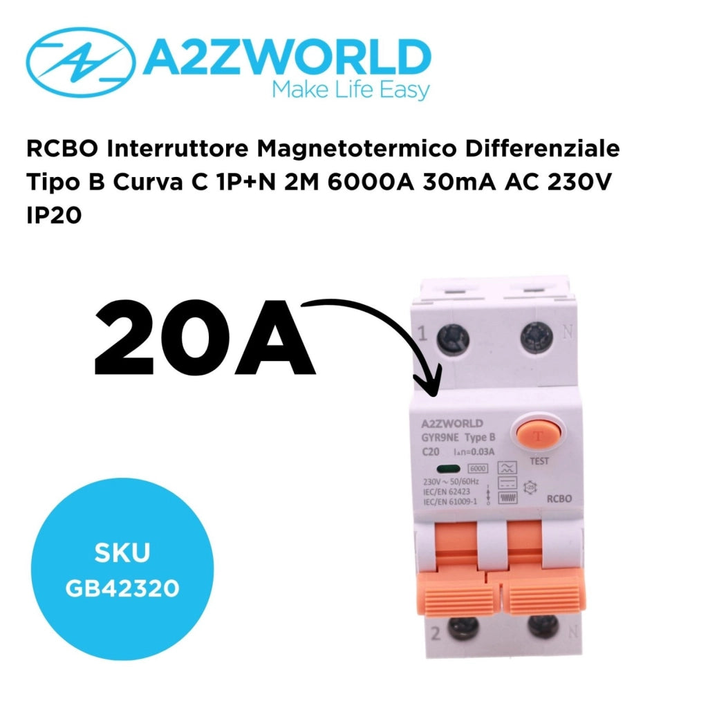 RCBO Interruttore Magnetotermico Differenziale Tipo B Curva C 1P+N 2M 6000A 30mA AC 230V IP20 Disponibili 16A 20A 25A 32A 40A (C20A)