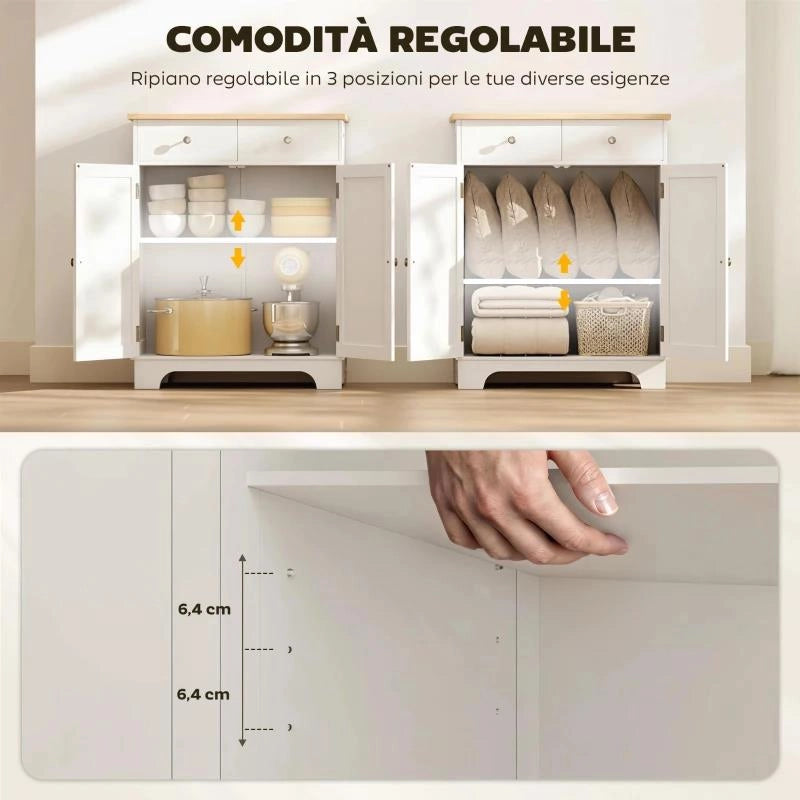 CREDENZA BASSA CON ARMADIETTO 2 ANTE, RIPIANI REGOLABILI E 2 CASSETTI, BIANCO E LEGNO