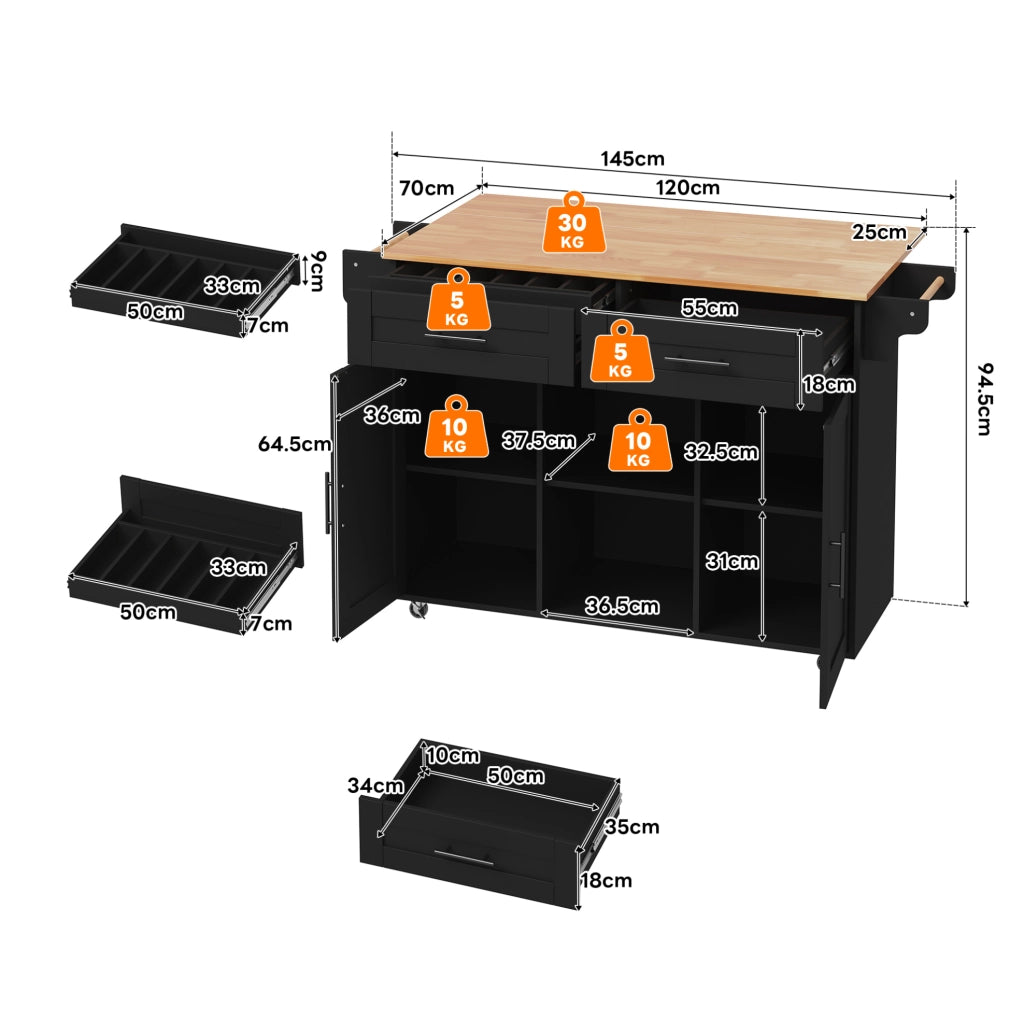 Isola da cucina mobile con piano pieghevole 145x70x94;5 cm in MDF nero con 5 ruote