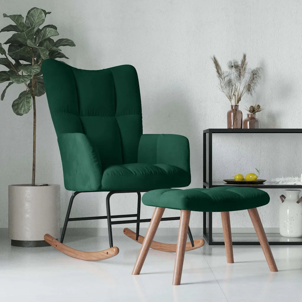Poltrona a Dondolo | Sedia Relax con Poggiapiedi Verde Scuro in Velluto
