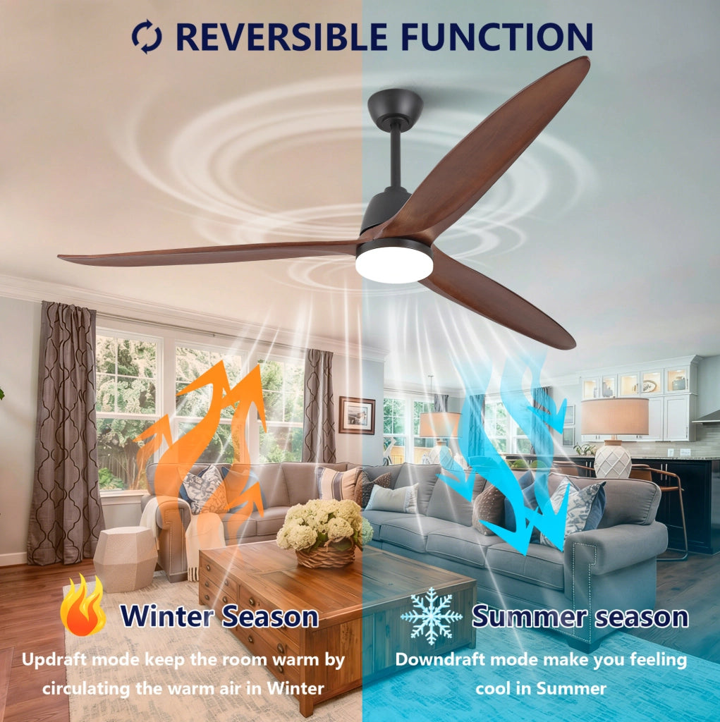 Ventilatore da soffitto 72" con luce LED, 3 pale in legno massello, motore DC reversibile, nero