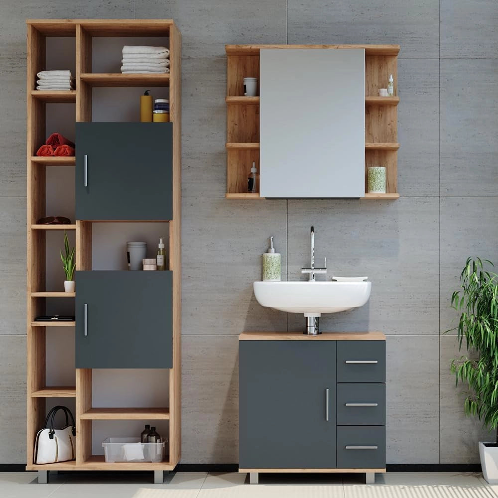 Set mobili bagno Ilias, Rovere, 60 cm, composto da mobile sottolavabo, specchiera e colonna alta