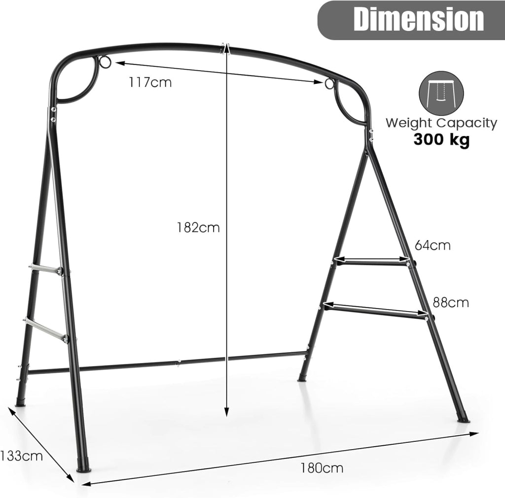 Supporto per altalena in metallo, telaio per dondolo da giardino a forma di A, telaio per panca sospesa con carico di 300 kg, telaio con 2 anelli per balcone, veranda, 180 x 133 x 182 cm