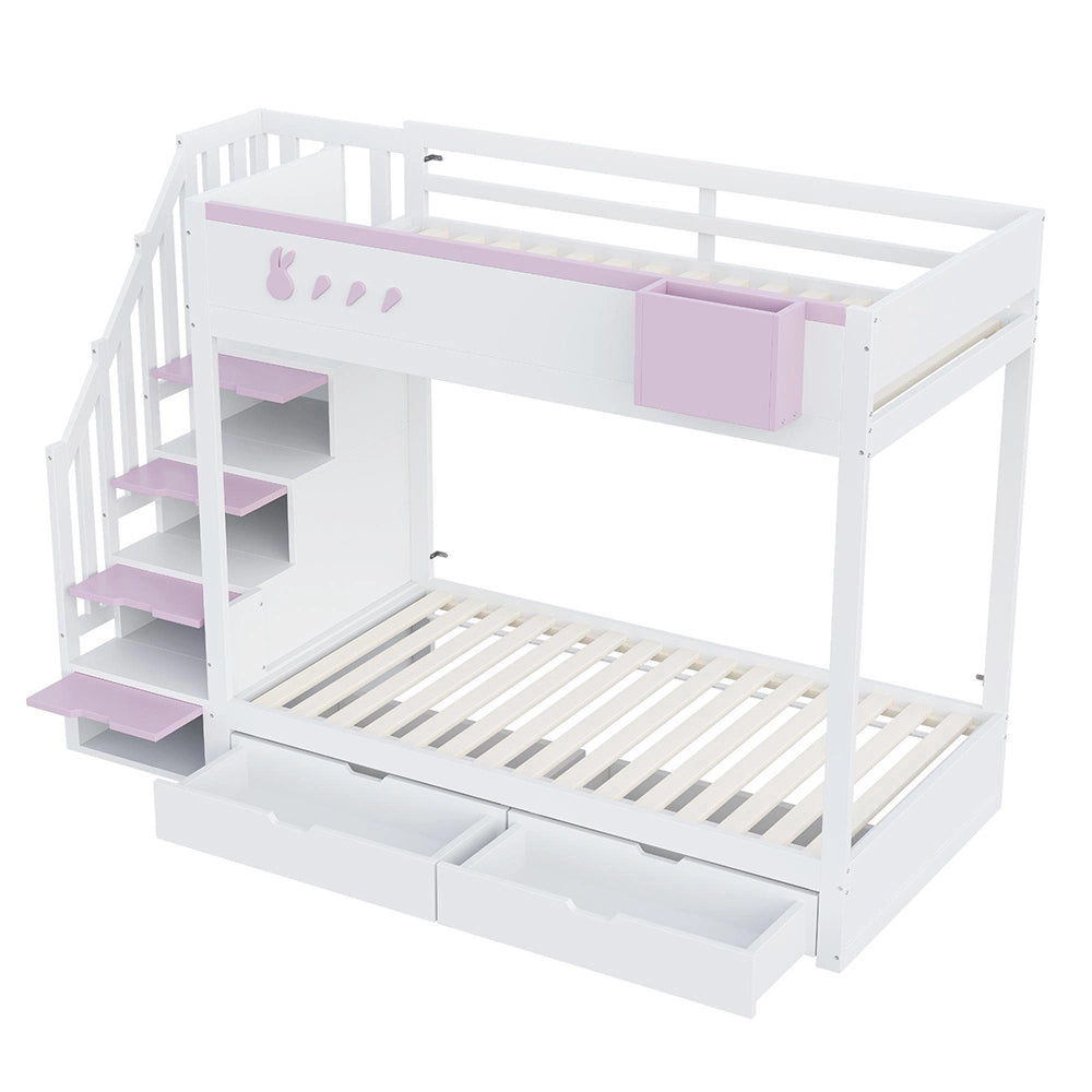 Letto a castello-Xylo-90x200cm, motivo conigli, cassetti, bianco+rosa