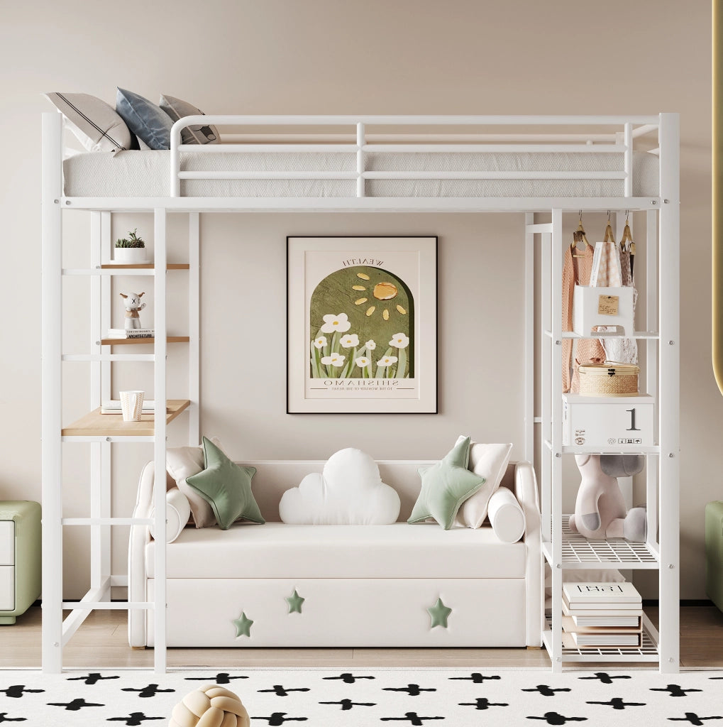 Letto a soppalco multifunzionale 90x200 cm con scrivania, armadio e ripiani