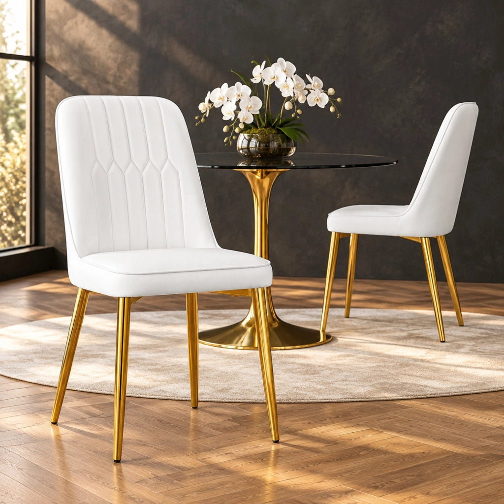 Sedia da pranzo in PU con schienale ergonomico; gambe in metallo; bianco e oro