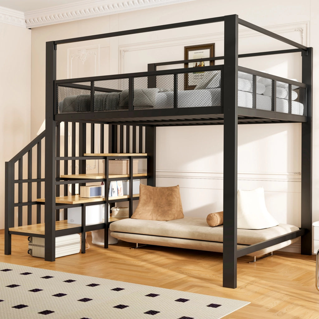 LETTO a soppalco 140x200 cm in metallo nero con scala e baldacchino