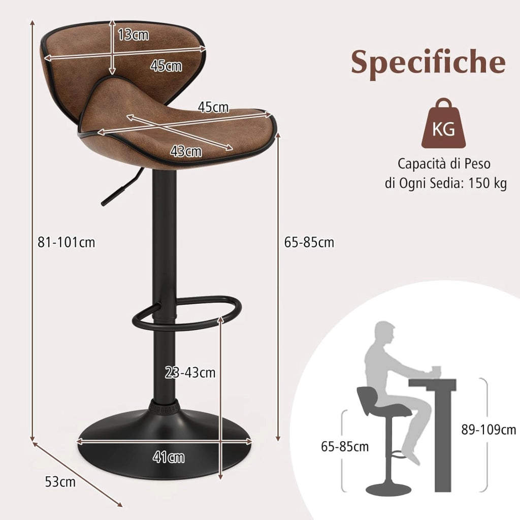 Set di 2 Sgabelli da Bar con Altezza Regolabile, Sgabello da Cucina Imbottito e Girevole a 360° con Schienale, Poggiapiedi e Base Metallica, Sgabelli in Pelle Stampato da Casa (Marrone)