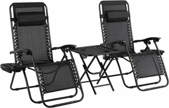 Set di sedie da giardino con tavolo - Sedia da giardino - Sedie da giardino - Sedie per campeggio - Sedie per spiaggia - Ripiegabile - Regolabile - Incluso cuscino principale e contenitori per bicchieri