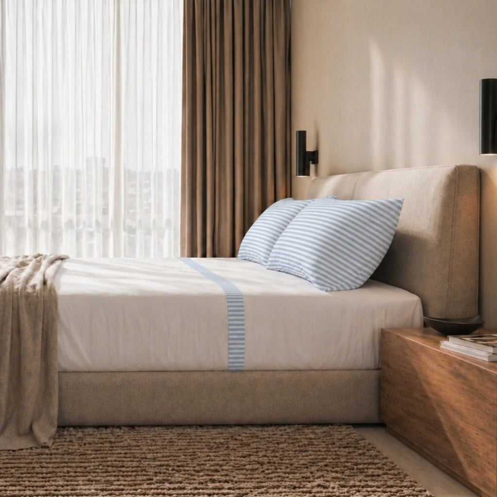 Set Lenzuola Letto Una Piazza e Mezza in Puro Cotone | Completo Letto 1 Piazza e Mezza | Lenzuolo con angoli, Lenzuolo Piano e 1 Federa | Lenzuola in Cotone con Balza a Righe Celeste