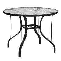 Tavolino da Giardino Rotondo con Foro per Ombrellone, in Metallo e Vetro Temperato, Ø96.5x71 cm, Nero
