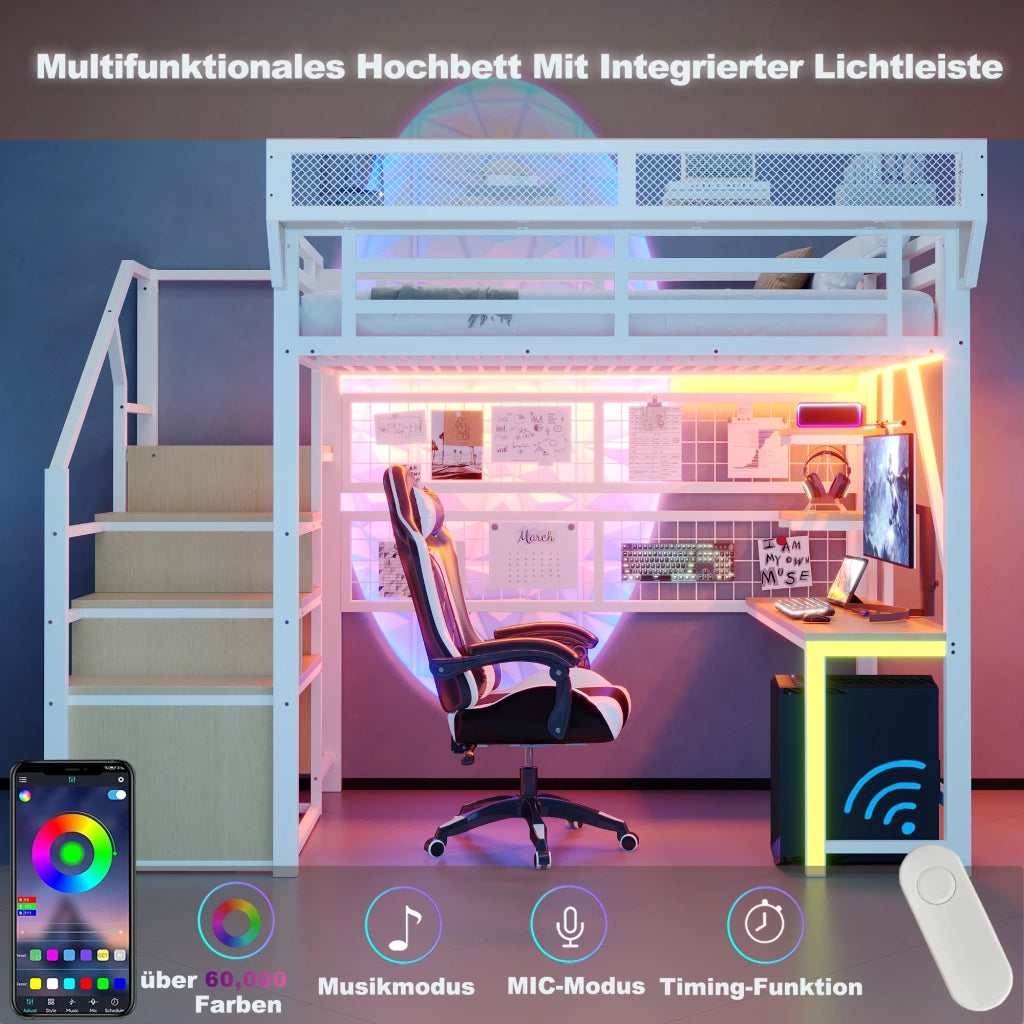 Letto a soppalco in metallo 140 × 200 cm bianco scrivania scaffale ripostiglio illuminazione LED e presa