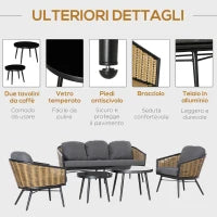 Set Mobili da Giardino in Rattan con 2 Tavolini, Divano 3 Posti e 2 Poltrone