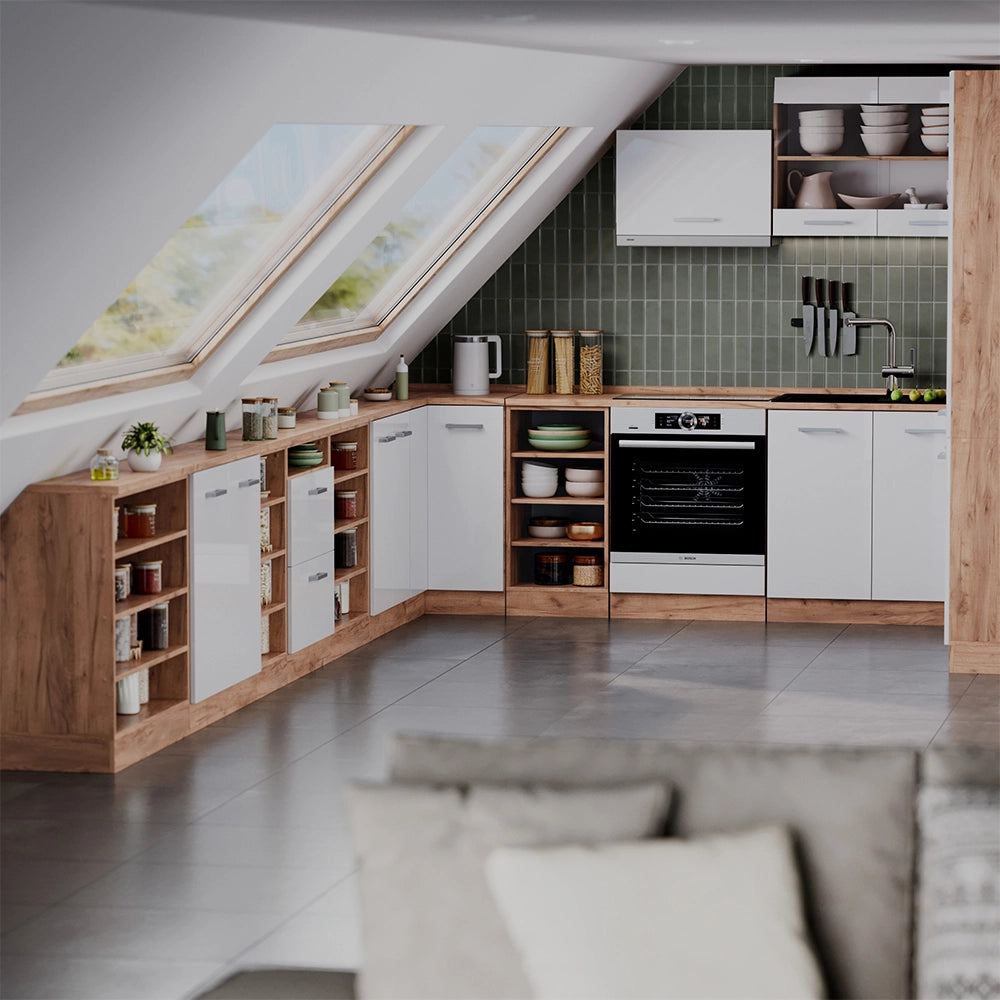 Mobile cucina sottotetto R-Line Bianco lucido/Rovere dorato 60 cm con 2 cassetti, carcassa 60 cm profondità Vicco