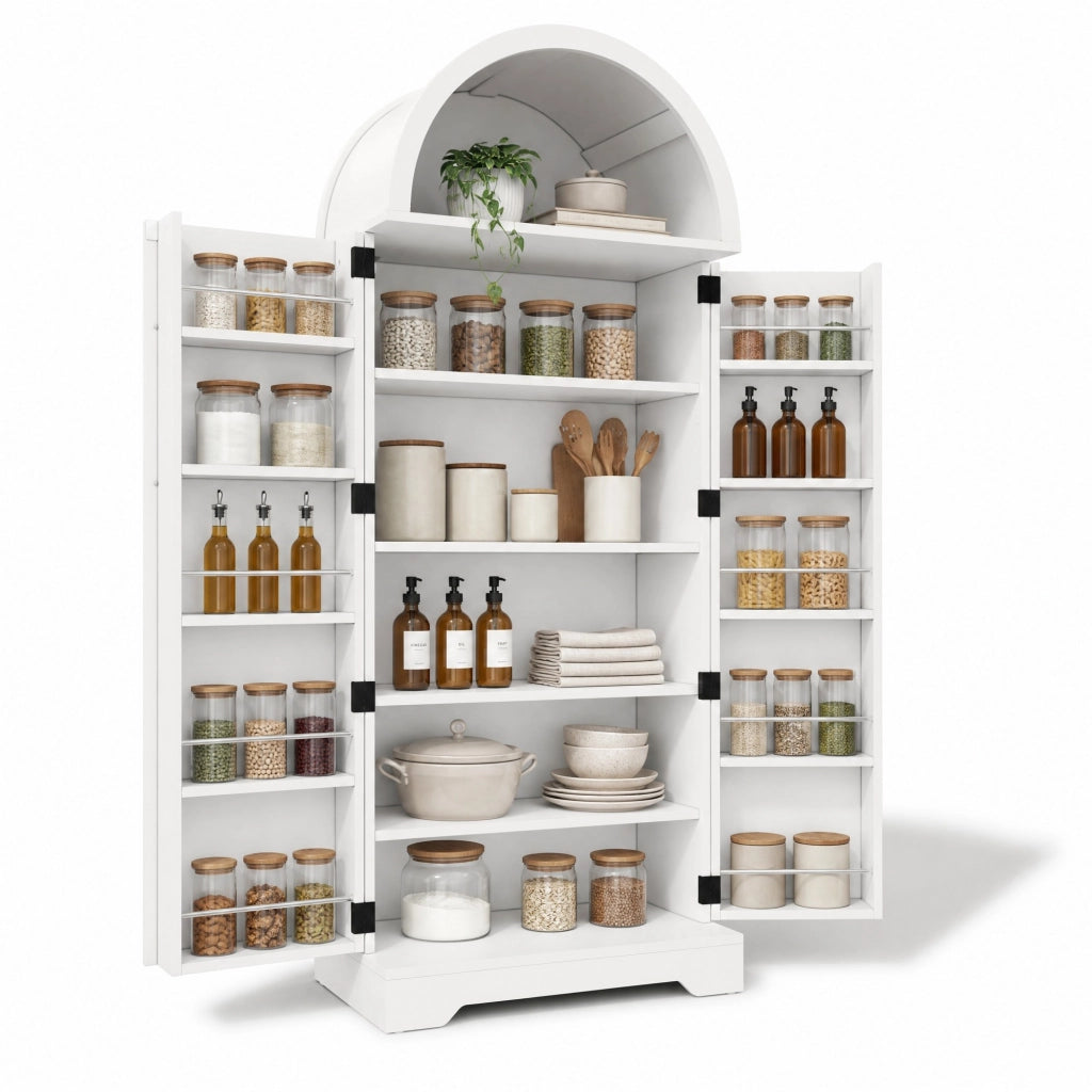 Mobile contenitore ad arco 70x40x165 cm in MDF bianco con ante e vani aperti