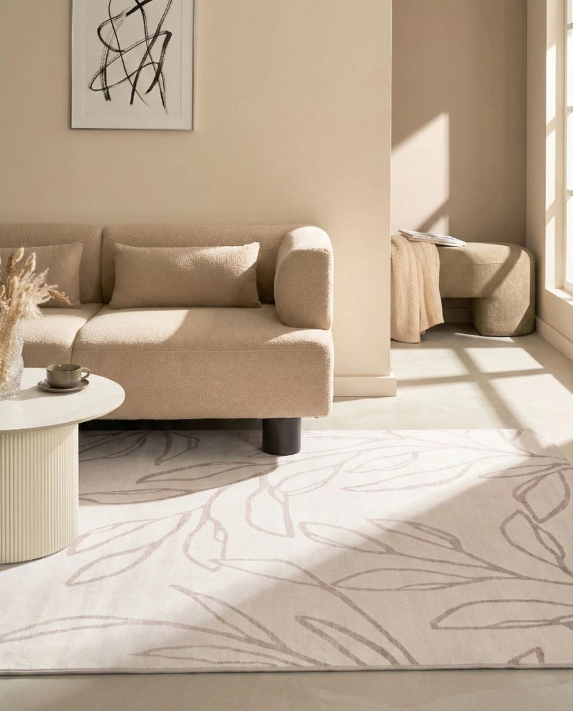 Tappeto tessuto beige chiaro 200 x 300 cm Moderno motivo foglie Soggiorno Camera da letto Per riscaldamento a pavimento Fondo antiscivolo A pelo corto