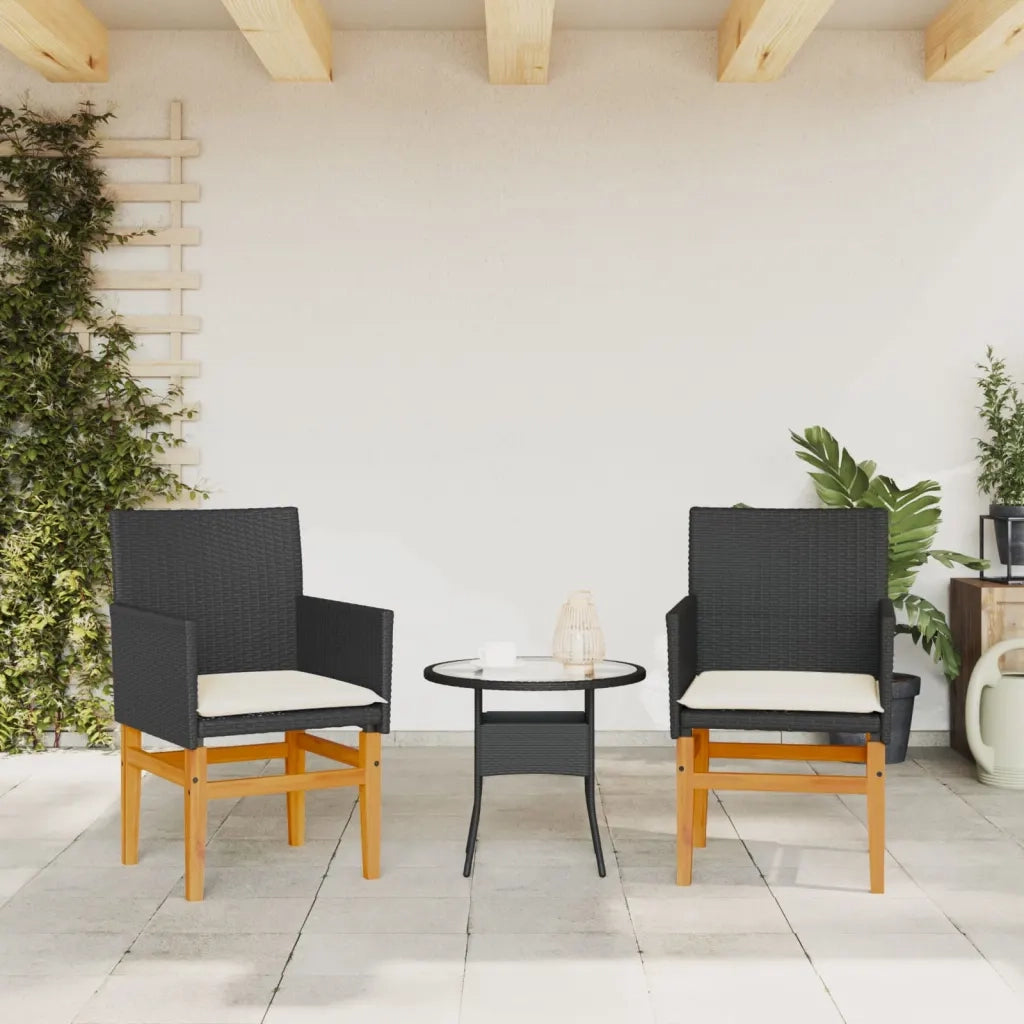 Sedie Giardino con Cuscini 2 pz | Sedie da Esterno Nere Polyrattan e Legno Massello