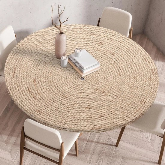 Tappeto di tavolo con bordo elastico, rotondo, pieghevole 3D stampato, lavabile per interni ed esterni, lavabile, per cucina, sala da pranzo, tavoli da picnic, 100 cm, rattan.