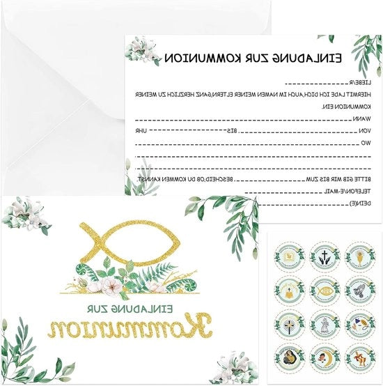 Inviti per la prima comunione con 12 buste e adesivi per un'occasione festiva, kit da 12 pezzi, modello 1234, con 12 buste e adesivi, dimensioni 10x10 cm, peso 20 g, materiale cartone.