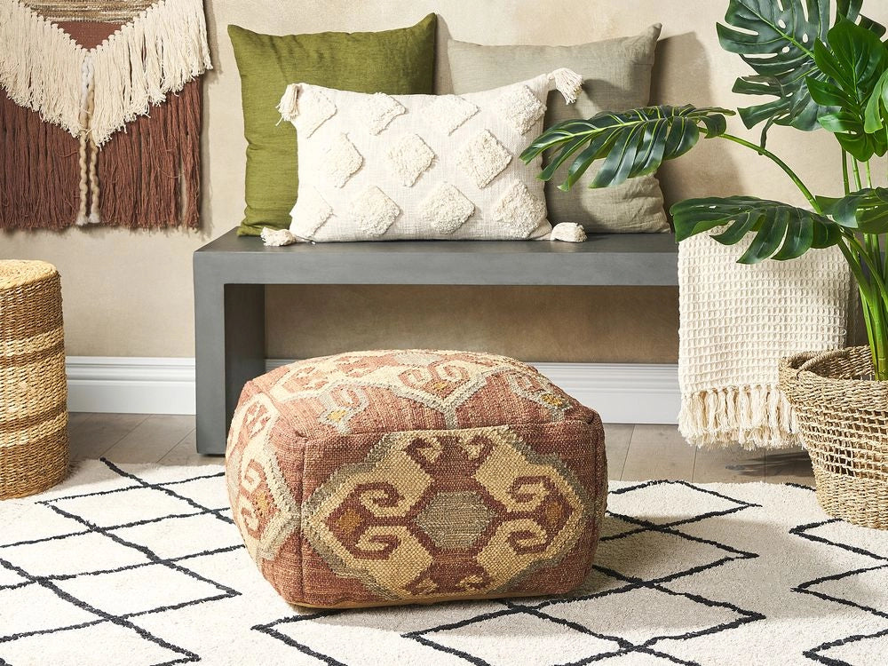 Pouf multicolore in lana di iuta 50 x 50 x 30 cm con motivo geometrico quadrato Moderno Poggiapiedi  imbottito