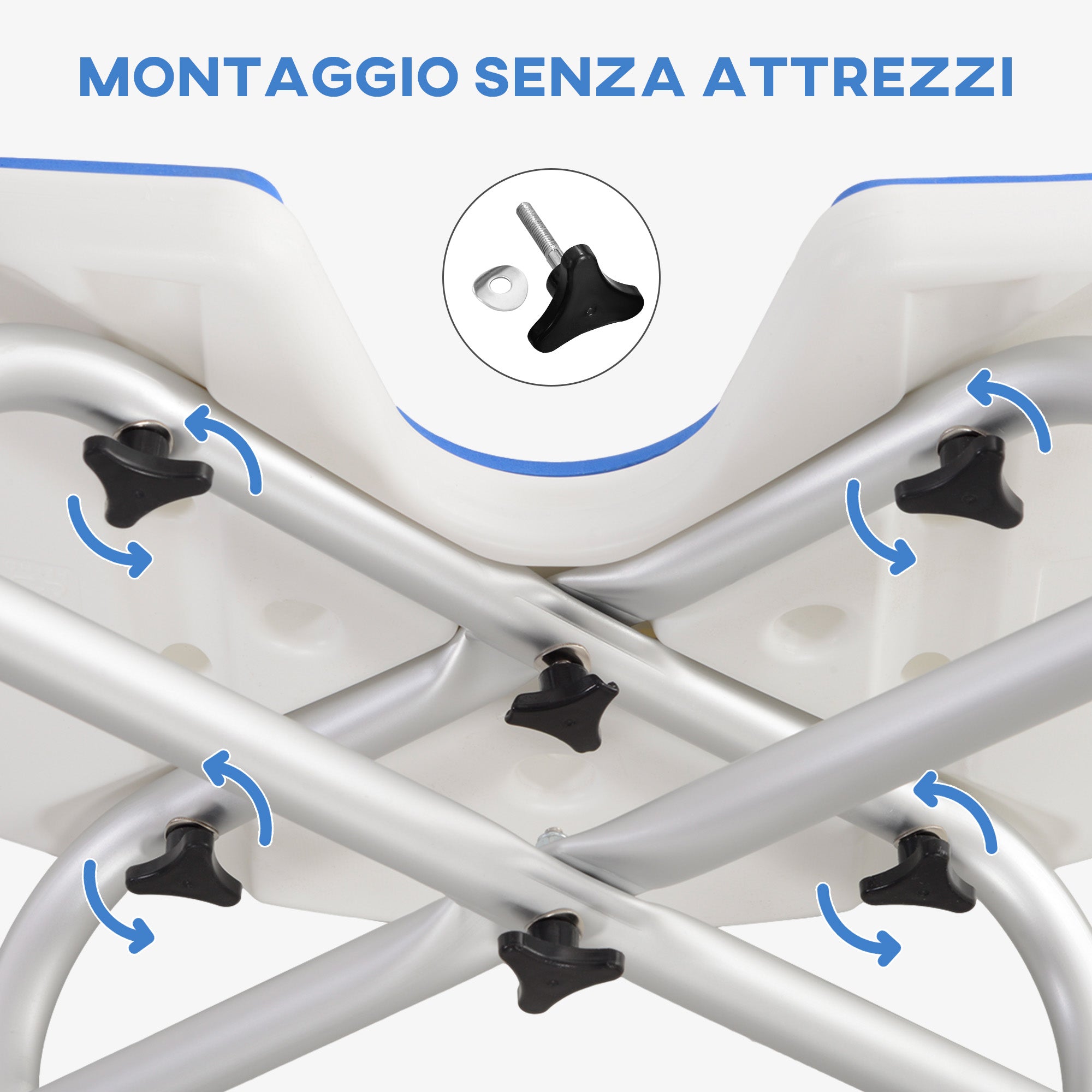 Sgabello da Doccia Regolabile in Altezza con Maniglione Seduta Imbottita a U e Piedini Antiscivolo Blu