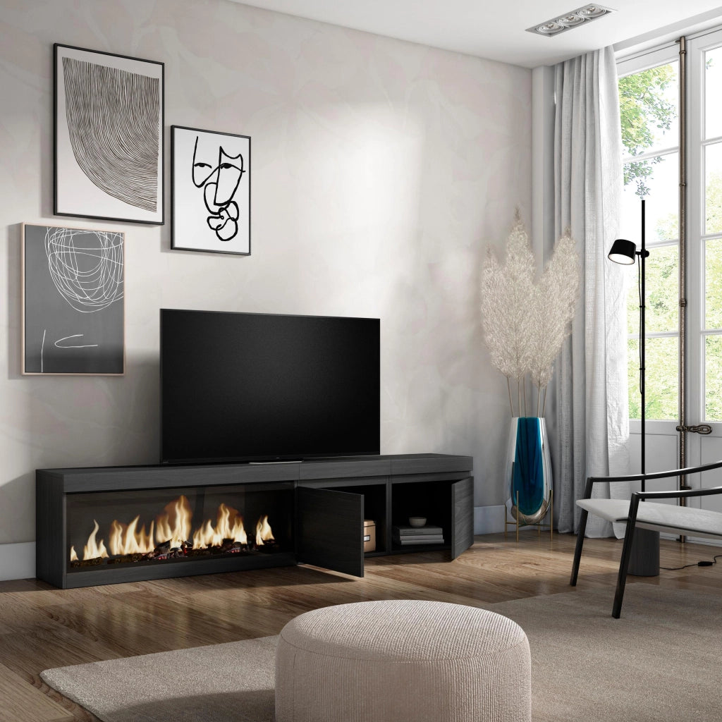 Mobile TV Soggiorno, 208x35x45cm, Per TV fino a 80", Camino elettrico XXL, Nero RF3255