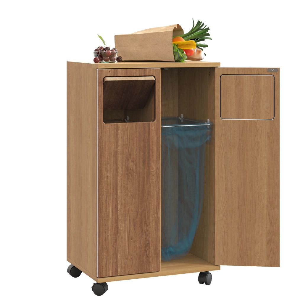 Armadio raccolta rifiuti a 2 scomparti con ruote, effetto rovere, 46,7 x 35 x 80 cm