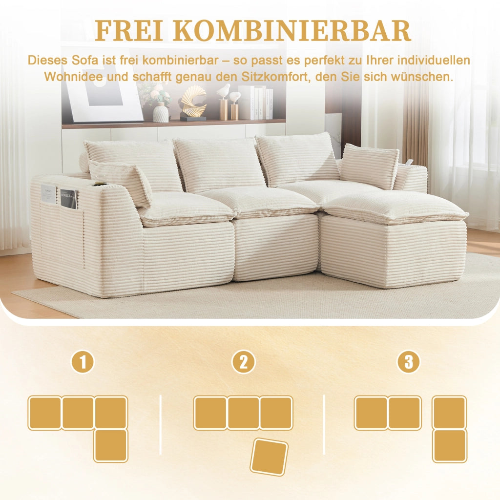 Divano modulare 3 posti - con cuscini e tasche laterali - in corduroy beige